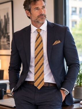 Mens Mustard Yellow Striped Silk Tie - Classic Office Tie
